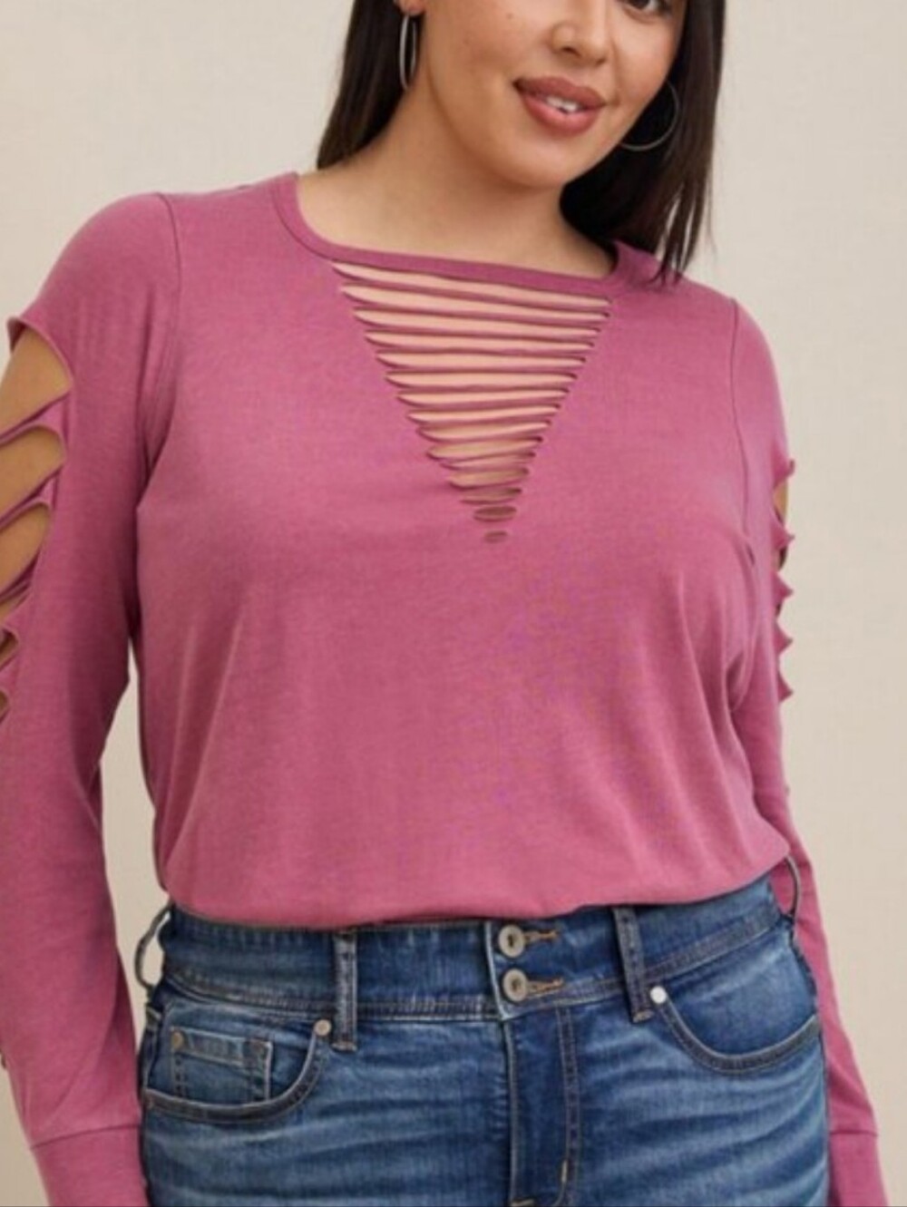 torrid Dusty Rose Slashed V-Neck Long Sleeve Tee